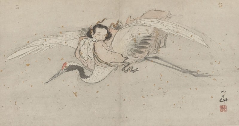 Zhang Lu's painting of He Xiangu riding on a celestial crane, early 16th century